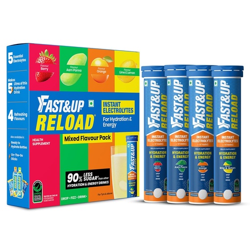 [BRSROBLQBUNR43Y3] Fast&Up Reload (20 Liters) - (Berry, Aam Panna, Orange, Lime & Lemon)- Low Sugar energy drink for Instant Hydration - Effervescent Tablets with all 5 Essential Electrolytes + Added Vitamins.
