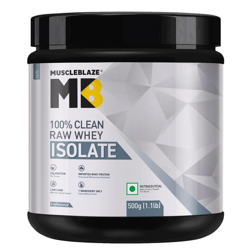 [BRSW2Z32AV5WEA3X] MuscleBlaze 100% Clean Raw Whey Protein Isolate, 500g (1.1lbs)