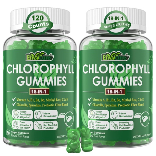 [BRSW22Y7DFYBM3TK] Chlorophyll Gummies, Super Green 18-IN-1 with Organic Chlorella Spirulina, Wheat Grass, Magnesium, Prebiotic Fiber for Internal Deodorant*,Comfort Digestion, Metabolism,Immune, Fresh Body Odor, 2Packs