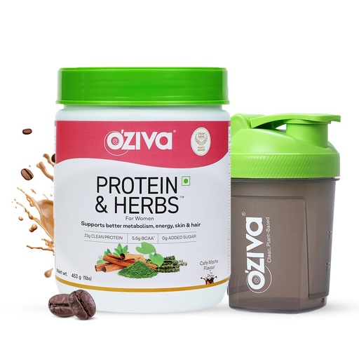 [BRSROBIZAQHBUF3A] OZiva Protein & Herbs for Women, No Added Sugar, Cafe Mocha, 454g, + Shaker