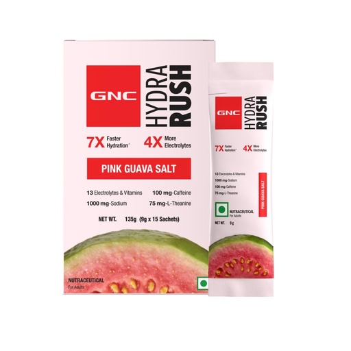 [BRSRGBQYOQAQKCQY] GNC HydraRush | Advanced Hypotonic Hydration Formula | 13 Electrolytes, Vitamins + Himalayan Pink Salt | 0g Sugar Electrolyte Drink for Workout, Running & Summer Hydration | Guava Salt, 15 sachets