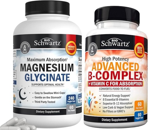 [BRSRABL5A4PGKHTP] BioSchwartz High Absorption Magnesium Glycinate 500mg Capsules (2 Month Supply) Plus Vitamin B Complex with Vitamin C (2 Month Supply)
