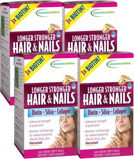 [BRSWG2Y7BN7AKHL6] Applied Nutrition Longer Stronger Hair & Nails - 60 Liquid Soft-Gels, Pack of 4 - Biotin, Silica & Collagen - 120 Servings