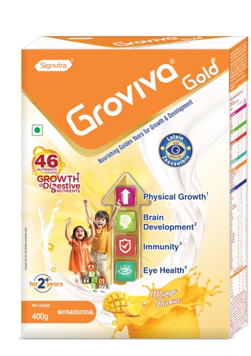 [BRSREHT6AABWMET2] Groviva Gold Milk Protein Powder for Kids | 2-6 Years | 400g Mango BIB | 46 Nutrients | Growth & Digestive Nutrients | Supports Physical Growth, Brain Development, Immunity & Eye Health