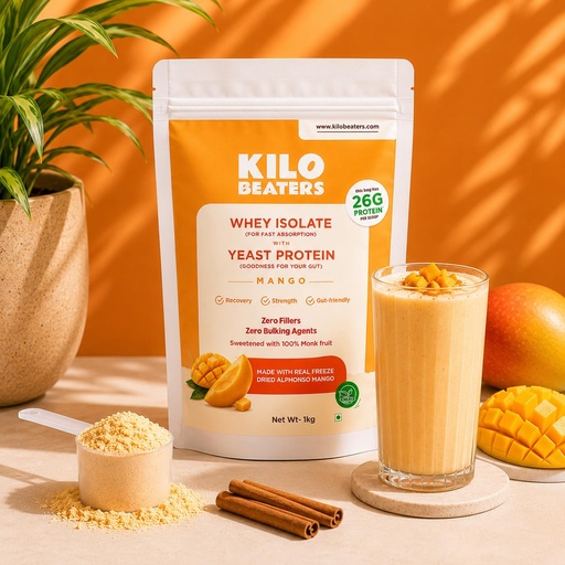 [BRSRYZQKDMPAO2Y7] KiloBeaters Whey Protein Isolate Powder with Yeast Protein 1KG Pack | Real Alphonso Mango | 26g Protein Per Scoop | High Protein Supplement for Muscle Recovery & Lean Muscle Support | Gut-Friendly | Zero Fillers | Monk Fruit Sweetened