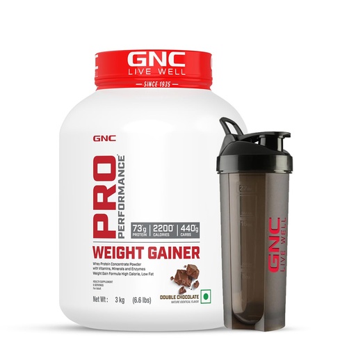 [BRSROGI5CUMAA33K] GNC Pro Performance Weight Gainer & Black Shaker (Double Chocolate, 3 Kg with Shaker)