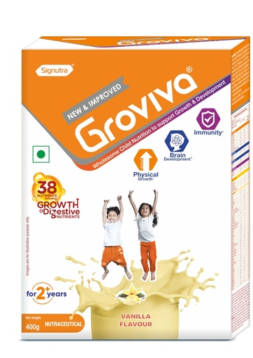 [BRSROZT7ABYA2EQ2] Groviva New & Improved Protein Powder for Kids | 2+ Years | 400g Vanilla BIB| 38 Nutrients | Growth & Digestive Nutrients | Supports Physical Growth, Brain Development, Immunity