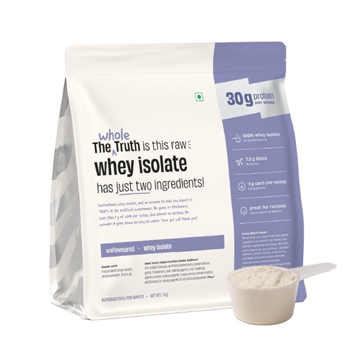 [BRSROHQKAF4AYGTF] The Whole Truth Whey Protein Isolate Unflavoured |1 kg (2.2 lbs) | 30g Protein per scoop | 7.3g BCAA | No Adulteration | Improved Strength, Faster Recovery & Muscle Building | Vegetarian