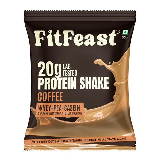 [BRSRGGQYBYNQKYIV] FitFeast Protein Shake Sachet Coffee Flavour - Pack of 7 | 20g Triple Blend Protein Per Serve| 45:35:20 Whey, Pea & Casein Blend | No Maltodextrin | 0 Added Sugar | As Seen on Shark Tank