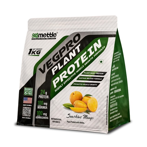 [BRSRGBT4PMCB6GTH] Getmymettle VegPro Vegan Plant Protein Powder | Protein 24g per scoop | Pea Protein Isolate with Digestive Enzyms | Low Carbs (1kg, Sunshine Mango)