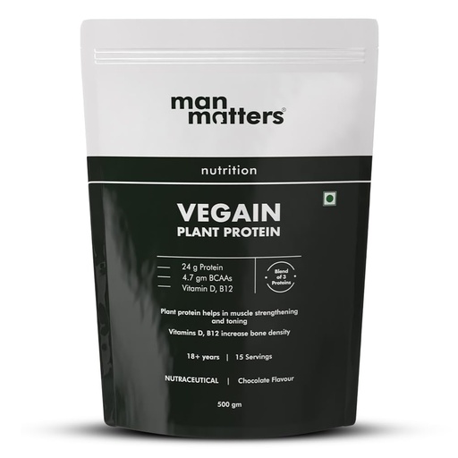 [BRSRMGTRAACAOYDJ] Man Matters VEGAIN Plant Protein Powder for Men | 100% Vegetarian | Made with Pea, Brown Rice, Moong Bean and Whole Algae | Gluten Free, Dairy Free & Soy Free | 500 grams