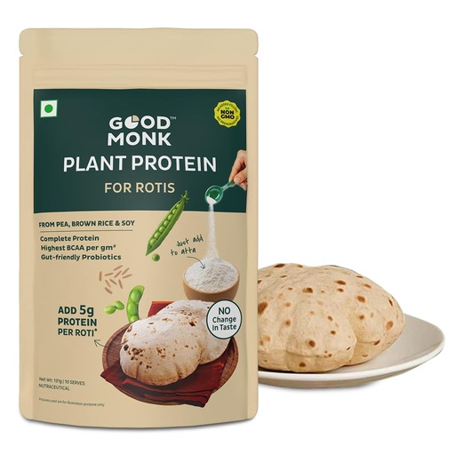 [BRSRGBLRDIHQIG3P] Good Monk Plant Protein for Rotis | Add 5 gm Protein per Roti | From Pea, Brown Rice & Soy | Clean Protein & Gut Friendly Probiotics | All Essential Amino Acids | Stronger Muscles | Add to Atta - No Taste Change | No Added Sugar/Sweetener | 131 gm