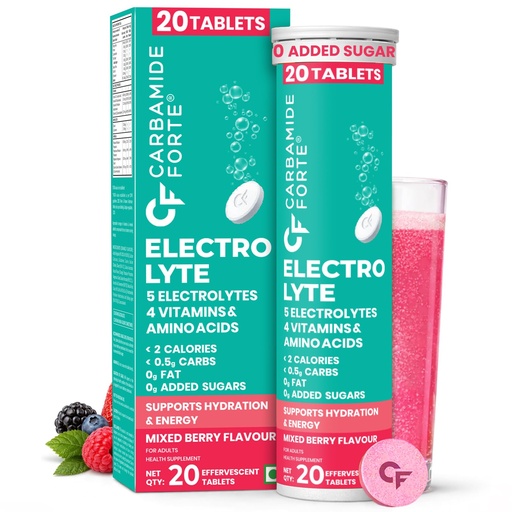 [BRSRYYL2CVYAKAIY] Carbamide Forte Electrolyte Supplement with Zero Added Sugar | Electrolyte Hydration Tablets for Sustained Energy with 5 Essential Electrolytes No Sugar, Low Calorie Hydration | Added L-Glutamine & Taurine, Vitamin C & B-Complex | Mixed Berry Flavour | 20 Effervescent Tablets