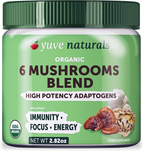 [BRSWGAYNOUNA2G3G] Yuve 6 Organic Mushroom Extract Powder - Magic Blend of Reishi, Chaga, Lions Maine, Maitake, Cordyceps - Add to Tea, Coffee, Smoothies - Energy Support & Immune Defense - 2.82oz