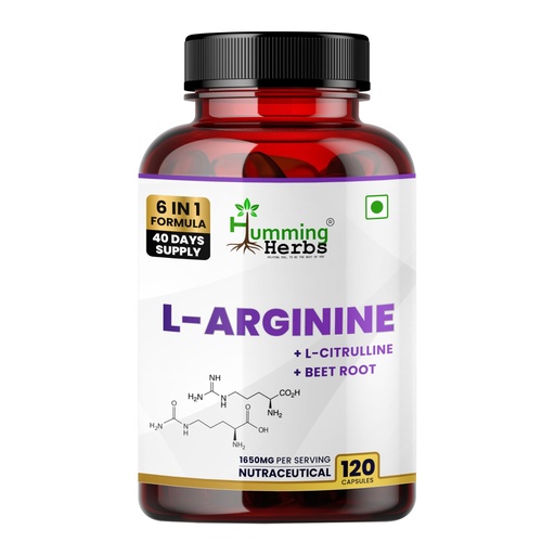 [BRSREFAEPIJQIDT7] Humming Herbs L-Arginine with L-Citrulline, Beetroot, Ginseng, Safed Musli & Mucuna | 1650mg per Serving | 120 Veg Capsules | 6-in-1 Herbal Nutrition Blend | For Adults