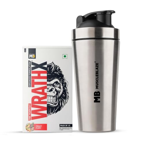 [BRSRYGD7OANAG3DG] MuscleBlaze Pre Workout WrathX Powder, Fruit Fury, 270g + Shaker