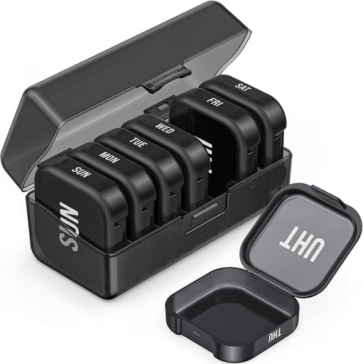 [BRSW2HYFDN5GEEI6] PULIV Daily Pill Organizer with 7 Large Separate Compartments, Portable Pill Box 7 Day for Pocket, Arthritis-Friendly Medication Organizer with Dual Protection for Big Vitamins, Fish Oils (Black)