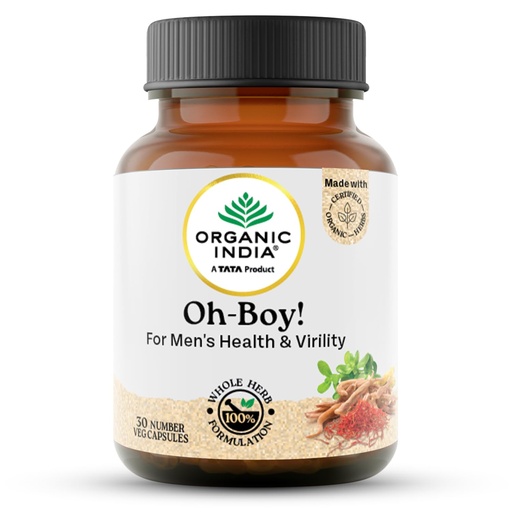 [BRSWGHAKDJ5BQF3Z] A TATA Product - Organic India OH-Boy - 30 Veg Capsules, Ashwagandha, Musli & Saffron, Helps Improve Men's Health & Vitality, Helps Boost Testosterone Levels, Reduce Stress & Anxiety GMP & NPOP Certified Organic