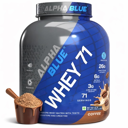 [BRSRA234DMHWY236] AlphaBlue Whey 71 Performance Protein Concentrate 74% | 26g Protein, 6g BCAA, 71 Servings |Muscle Growth, Strength, Recovery | HACCP, GMP Certified | High Absorbption | Coffee 2.5Kg