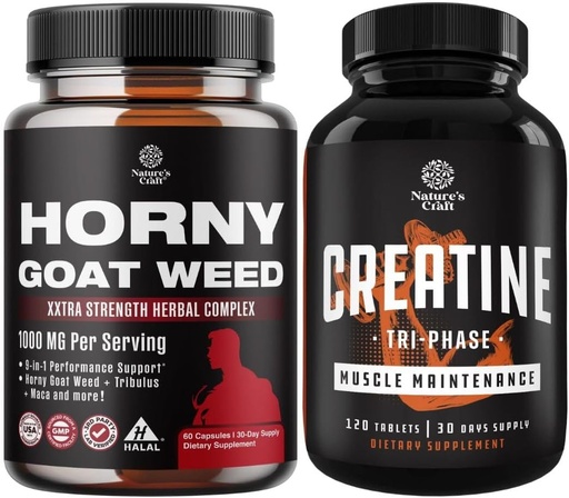 [BRSROCT3O4IQYHYU] Bundle of Horny Goat Weed Extract Complex for Men and Women Enhanced Energy and Stamina and High Strength Tri Phase Creatine Pills - Optimal Muscle Builder Creatine Supplement for Men and Women