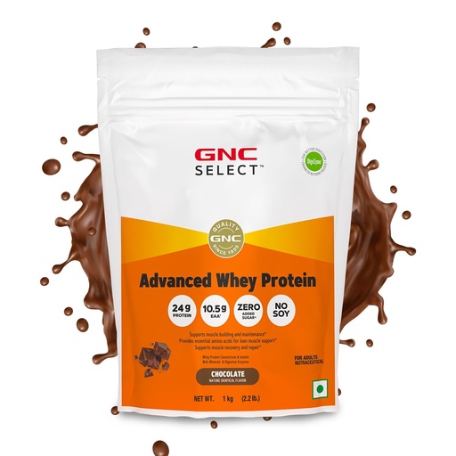 [BRSRECQ7DEFRUHIU] GNC Select Advanced | 24g Whey Protein & 10.5g EAAs | Isolate & Concentrate Blend Sourced from Indian Dairies | Zero Added Sugar | No Soy | Supports Muscle Growth, Recovery & Strength | Enhanced with DigeZyme® for Better Digestion & Easy Absorption | Chocolate, 1 kg