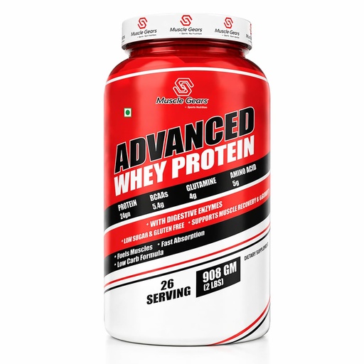 [BRSWYAD6CECBS3DU] Muscle Gears Advanced Whey Protein | 24g Protein | 5.4g BCAAs | 4g Glutamine | 5g Amino Acids | Digestive Enzymes Blend | Cookies & Cream Flavor | Gluten Free | 2 LBS (908g)