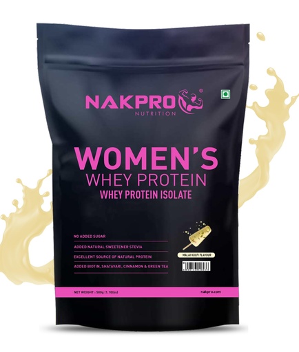 [BRSROFANCUIA23A2] NAKPRO Women Whey Protein Powder | 24.75g Protein, 5.51g BCAA | Muscle Recovery, Lean Muscle, Whey Isolate Protein for Women (500g, Malai Kulfi)