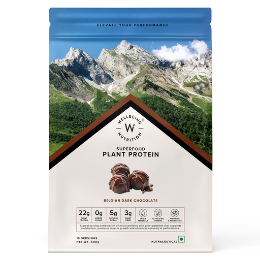 [BRSRMYL5CABRMFA6] Wellbeing Nutrition Organic Vegan Plant Protein Isolate | 22g Protein, 5g BCAA, 3B CFU Probiotics, Enzymes, 3g Fiber, 5 Alkalizing Greens | NO Bloating, Easy to Digest| Belgian Dark Chocolate, 500gm