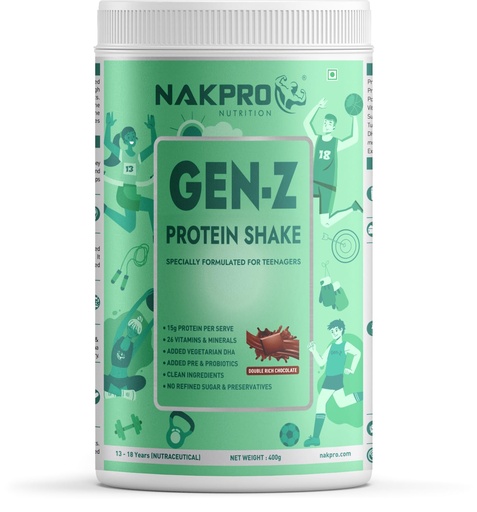 [BRSRAZY5DMPW2GTD] NAKPRO GenZ Protein Powder for Teens (13+), 15g Protein, Double Rich Chocolate - 400g | Vitamins & Minerals, Supports Immunity, Strong Bones & Height