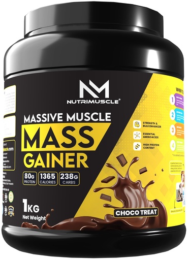 [BRSROAQKOR7W23L2] Nutrimuscle Massive Muscle Mass Gainer – 1 Kg | Chocolate Flavour | High Protein Gainer with Creatine Monohydrate for Mass, Muscle, Power & Strength | For Men & Women