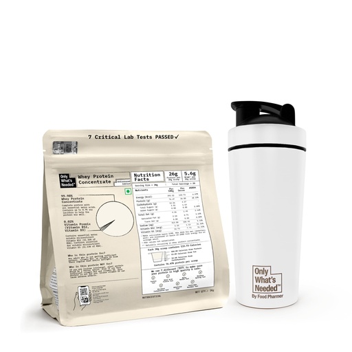 [BRSRYFTYOYMAEDTB] ONLY WHAT'S NEEDED By Food Pharmer | OWN Unflavoured Whey Protein Concentrate 1kg + Stainless Steel Metal Shaker 750ml | 26g Protein per Scoop | No Added Sugar | No Artificial Sweeteners | Lab Tested