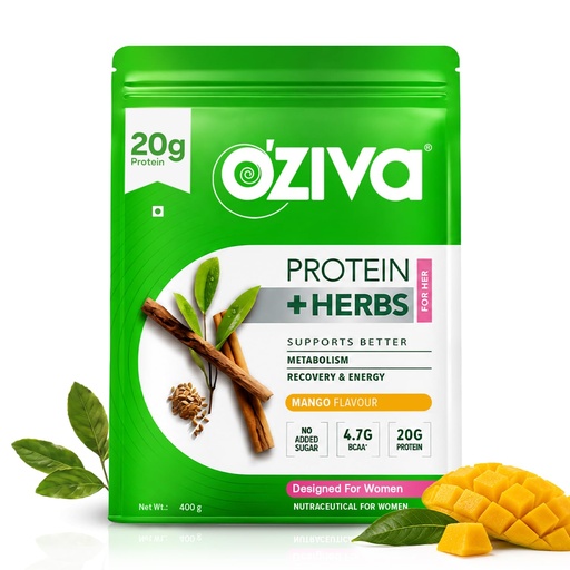 [BRSWYFD4OUGQOEQ4] OZiva Protein & Herbs for Women, No Added Sugar, Green Tea, Mango, 453g