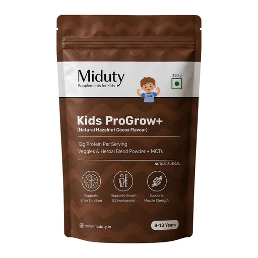 [BRSRYFD4OYNGGALH] Miduty Kids ProGrow+ Hazelnut Cocoa | Kids & Teens Protein Shake for Growth, Daily Nutrition & Active Recovery | 12g Protein for 8–18 Years | FOS & Inulin, Vitamins & Minerals, Vegetables, Fruit & Nut Blend | Natural Hazelnut Cocoa Flavor - 350g