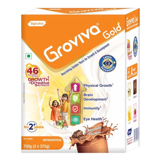 [BRSREAQKA4DWAFIY] Groviva Gold Milk Protein Powder for Kids | 2-6 Years | 750g Chocolate BIB| 46 Nutrients | Growth & Digestive Nutrients | Supports Physical Growth, Brain Development, Immunity & Eye Health