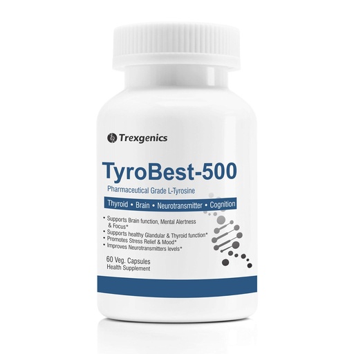 [BRSWYZQ3OQIAI33L] Trexgenics TyroBest-500 L-Tyrosine Pharmaceutical Grade - Thyroid, Stress, Neurotransmitter & Brain Function Support (60 Veg. Capsules) (1)