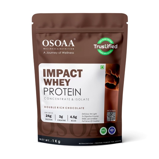 [BRSRABIHOZ7QYHTJ] OSOAA Impact Whey Protein 1kg -Double Rich Chocolate | Isolate & Concentrate | 24g Protein & 3g Creatine with 5X Digestive Enzymes | Trustified Certified & NABL Lab Tested