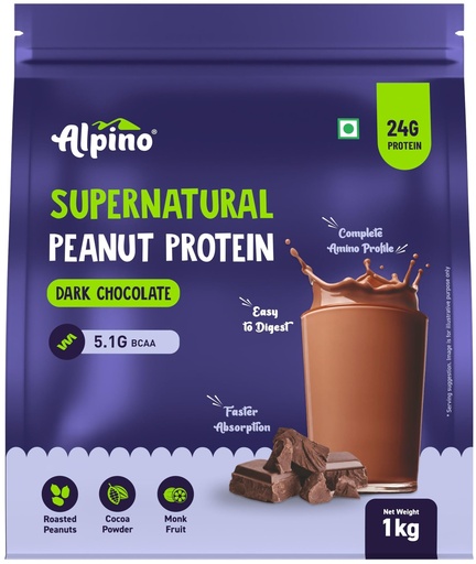 [BRSRAYIYCIIAE2Y3] ALPINO Supernatural Peanut Protein Powder Dark Chocolate 1kg – Roasted Peanuts, Cocoa Powder & Monk Fruit - 24g Protein, 5.1g BCAAs, No Added Sugar - World’s First Peanut Protein Isolate