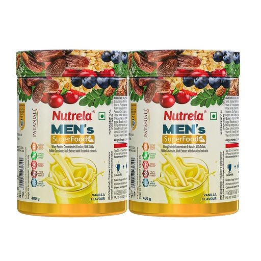 [BRSROADYB4JWKD3X] NUTRELA Men Superfoods With Whey Protein Powder - 400g, Vanilla Flavor | Everyday Fitness with Biofermented Multivitamins & Whey Protein to support in Bone & Joints Health, Muscle | Pack of 2