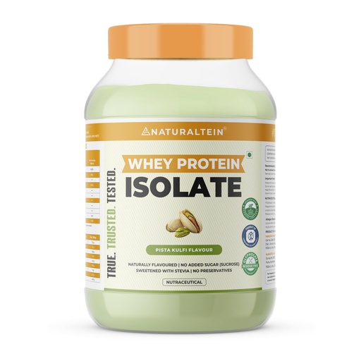 [BRSRGYAEAACBMDL5] NATURALTEIN Whey Protein Isolate – 30g Fast-Absorbing Protein per Serving | Pista Kulfi Flavour | Stevia Sweetened | No Added Sugar | Ultra Low Fat | Lab-Tested | Gluten-Free | No Preservatives | 1 kg