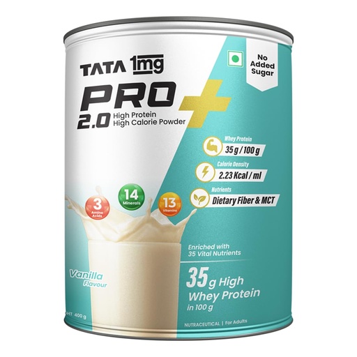 [BRSROGIDOB5RGG3A] Tata 1mg Pro+ 2.0 High Protein,High Calorie Whey Powder with MCT & Amino Acids for Energy, Muscle & Bone Strength,No Added Sugar,Vanilla Flavour,400gm