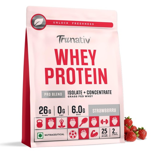 [BRSRAA35DIMQYHYZ] Trunativ Pro Blend Whey Protein Powder Isolate & Concentrate | 100% Light & Clean Protein Powder | 26g Protein | 6g BCAA | 12.52g EAA | No added sugar | Strawberry 2lbs (907g)
