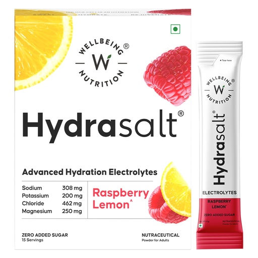 [BRSREYINAR7GKDIZ] Wellbeing Nutrition HydraSalt Electrolyte Drink with Zero Added Sugar | 5 Electrolytes & 3 Vitamins for Instant Hydration, Energy, Performance & Recovery, Raspberry Lemon Flavor 90g, Pack of 15