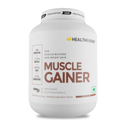 [BRSROH32BUFQ23I2] Healthfarm Muscle Gainer with High Protein and Carbs | Helps Gain Muscle Mass & Body Weight (Chocolate, 3kg-6.6 lbs)