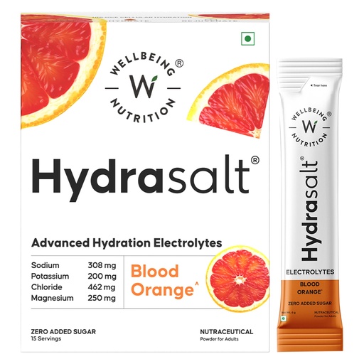 [BRSREYINAUNQK2DU] Wellbeing Nutrition HydraSalt Electrolyte Drink with Zero Added Sugar | 5 Electrolytes & 3 Vitamins for Instant Hydration, Energy, Performance & Recovery, Blood Orange Flavor 90g, Pack of 15