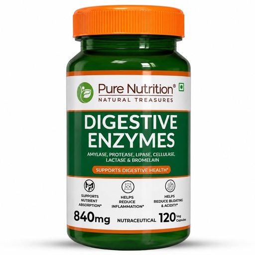 [BRSRGCYNOQAWK3LL] Pure Nutrition Digestive Enzymes 840mg with Bromelain - 120 Veg Capsules | Supports Digestion, Nutrient Absorption & Gut Health | Blend of Amylase, Lipase, Protease, Cellulase | Eases Gas & Bloating