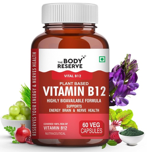 [BRSRAEDYBV7BM2DA] The Body Reserve Plant Based Vitamin B12 Supplement For Men & Women 60 Capsules Organic Vitamin B12 For Nerve And Brain Health Vegan Capsules, Daily One 60 Days Pack