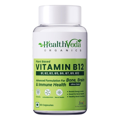 [BRSRMAYQDIIRQHLO] Health Veda Organics Plant Based Vitamin B12 Supplement with Moringa | B1, B2, B3, B5, B6, B7 & B9 | Boosts Energy, Brain, Nerve & Heart Health | 60 Veg Capsules