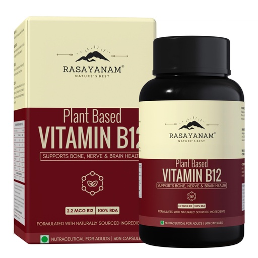 [BRSRMFIFBABBACY6] Rasayanam Plant-Based Vitamin B12 | 100% Vegan Vitamin B12 | Enriched with 7 Superfoods like Moringa, Amla & More | Supports Energy, Nerve Health & Brain Function | 60 Veg Capsules