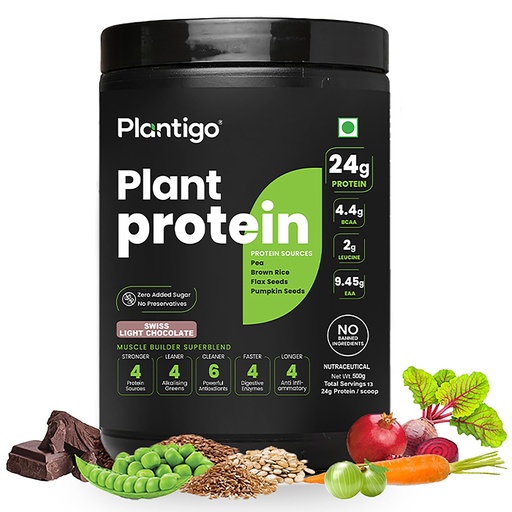 [BRSW2HT4DN5GMFI4] Plantigo Clean Protein Powder Men & Women | 24g Plant Protein, 4.4g BCAA, 2g Leucine, 4g Fiber | No Sugar, No Dairy, No Preservatives | 4x Fast Digest, Stress & Muscle Recovery | Swiss Chocolate 500g