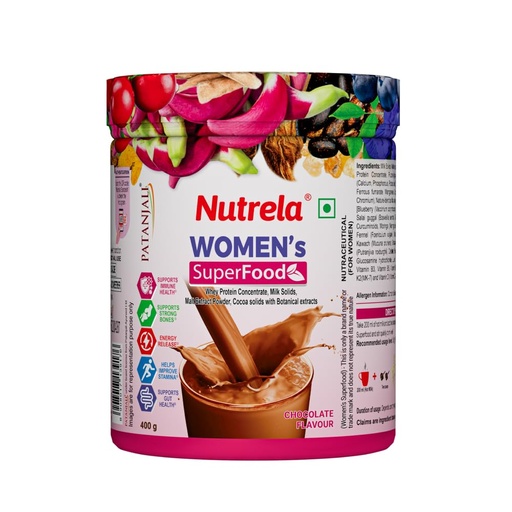 [BRSW2ELROQPR4E3K] Nutrela Women Superfoods Protein Powder - 400g, Chocolate | Everyday Fitness with Biofermented Multivitamins & Whey Protein to support in Bone & Joints Health , Muscle , Heart , Hair & Nails , Vitality and Mood Stabilizer